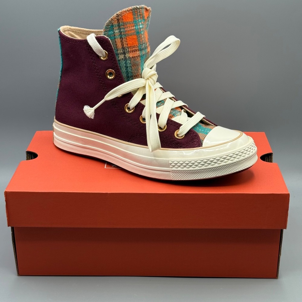 Converse Chuck 70 Hi Women's 6 Sneakers Maroon High Top Plaid Tongue A12452C